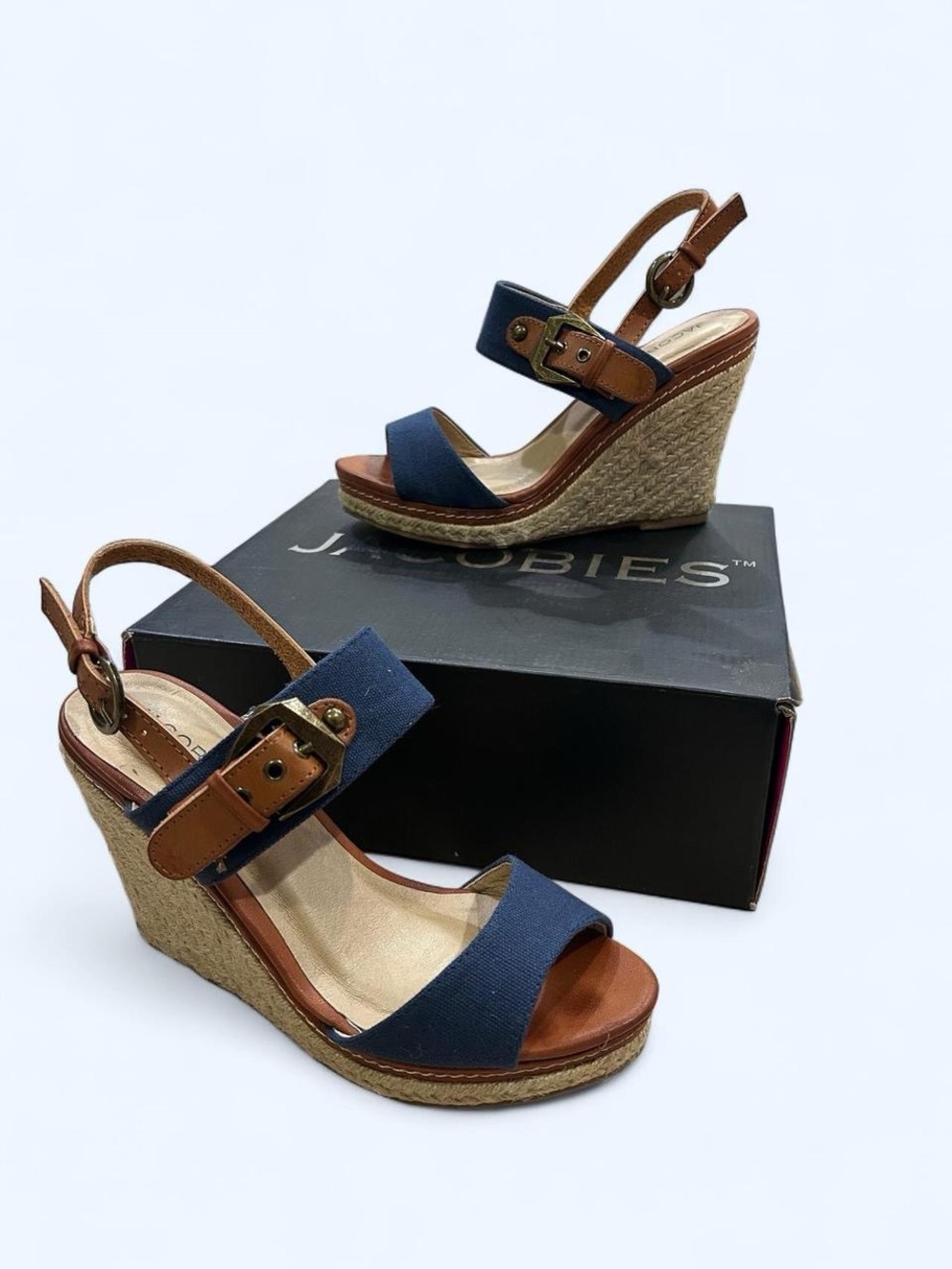 Jacobies Navy and Tan Wedge Sandals - Espadrille Platform